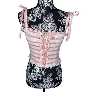 Free People Smocked Lace Up Striped Crop Top Coquette Cottagecore Boho Small